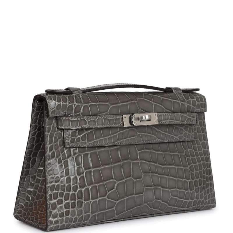 Hermes Kelly Pochette Gris Ciment Shiny Alligator Palladium Hardware - Image 2
