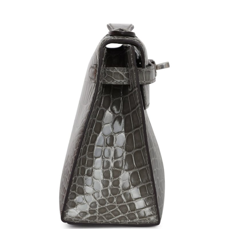 Hermes Kelly Pochette Gris Ciment Shiny Alligator Palladium Hardware - Image 3