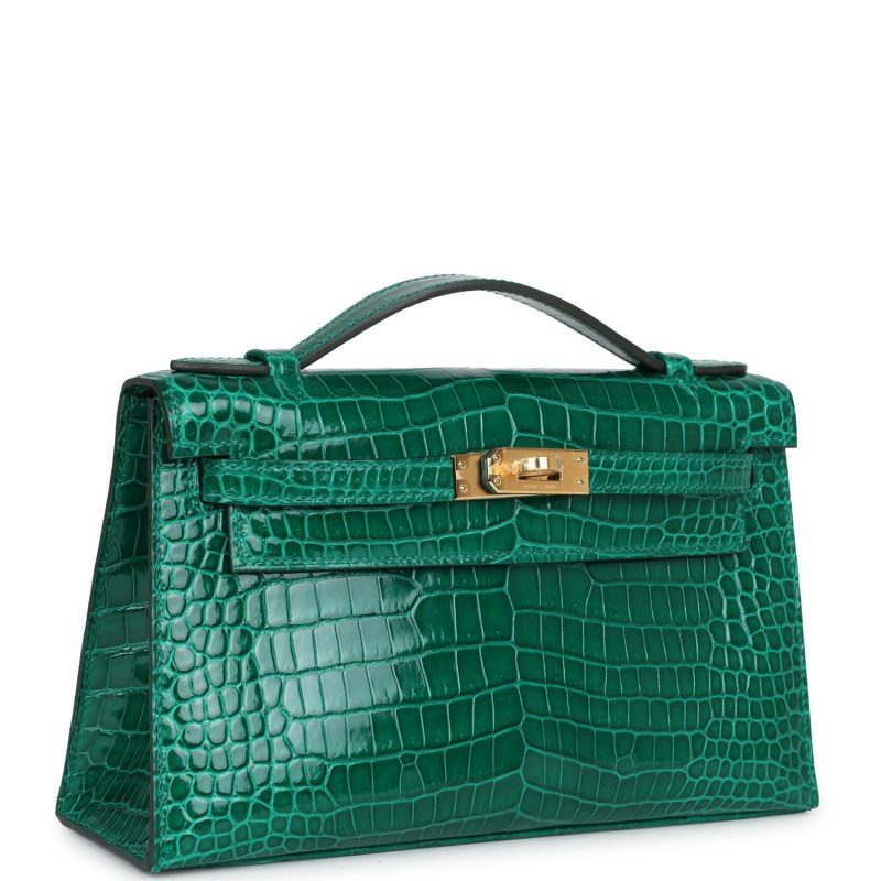 Hermes Kelly Pochette Emerald Shiny Porosus Crocodile Gold Hardware - Image 2