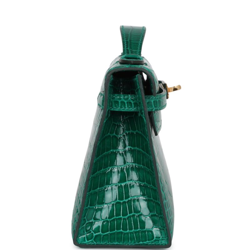 Hermes Kelly Pochette Emerald Shiny Porosus Crocodile Gold Hardware - Image 3