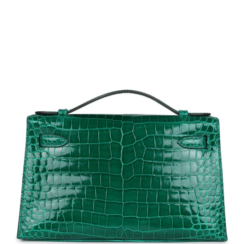 Hermes Kelly Pochette Emerald Shiny Porosus Crocodile Gold Hardware - Image 4