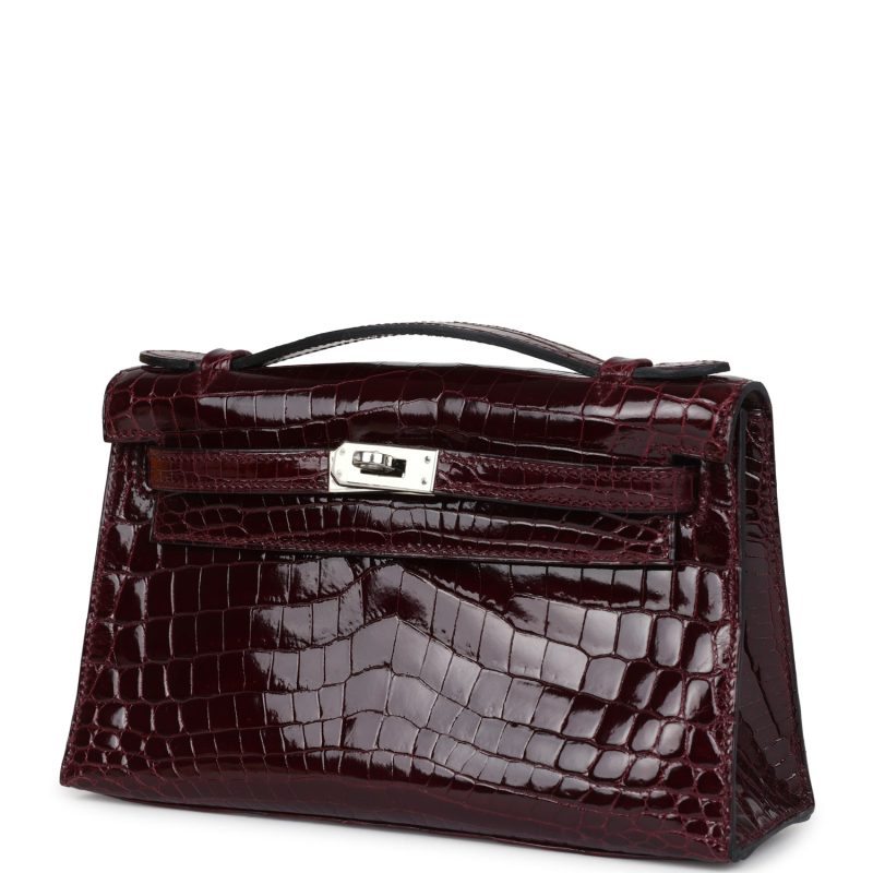 Hermes Kelly Pochette Bordeaux Shiny Niloticus Crocodile Palladium Hardware - Image 3