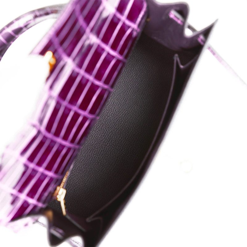 Hermes Kelly Sellier 25 Aubergine Shiny Niloticus Crocodile Gold Hardware - Image 7
