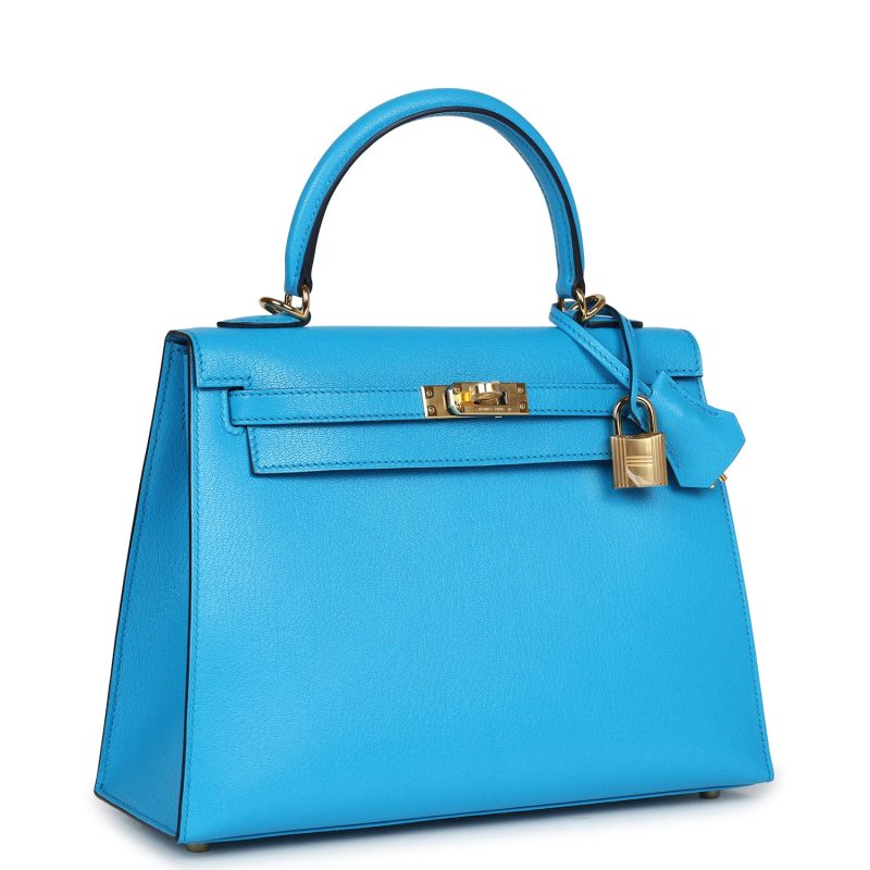 Hermes Kelly Sellier 25 Bleu Frida Chevre Gold Hardware - Image 2