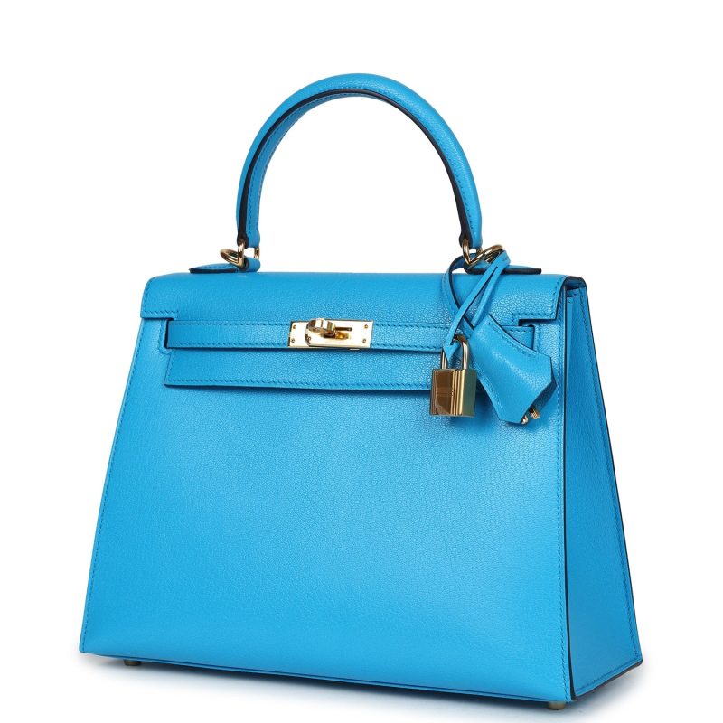Hermes Kelly Sellier 25 Bleu Frida Chevre Gold Hardware - Image 3