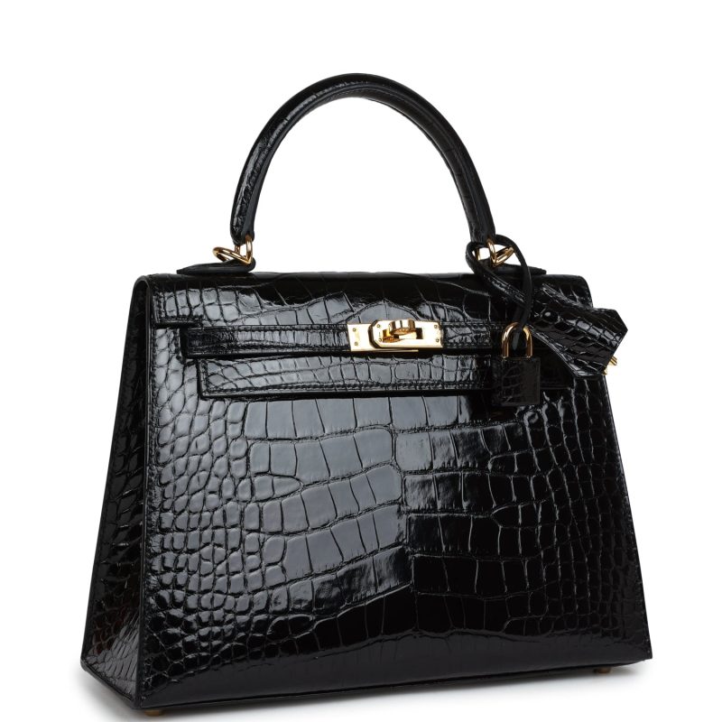Hermes Kelly Sellier 25 Black Shiny Alligator Gold Hardware - Image 2