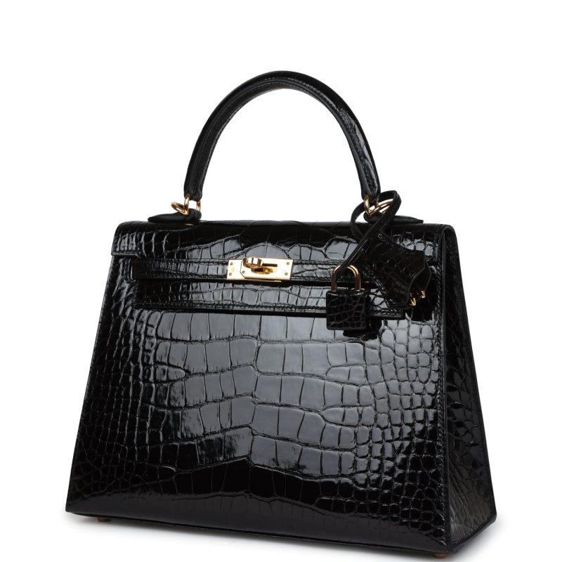 Hermes Kelly Sellier 25 Black Shiny Alligator Gold Hardware - Image 3