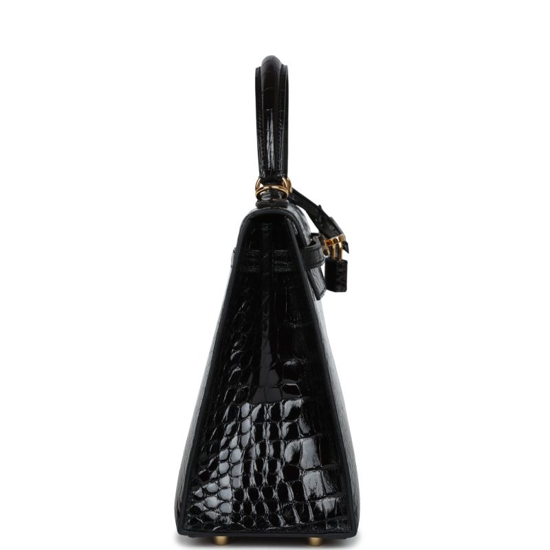 Hermes Kelly Sellier 25 Black Shiny Alligator Gold Hardware - Image 4