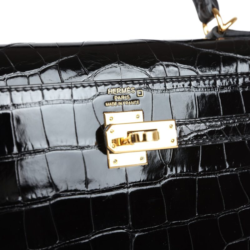 Hermes Kelly Sellier 25 Black Shiny Alligator Gold Hardware - Image 7