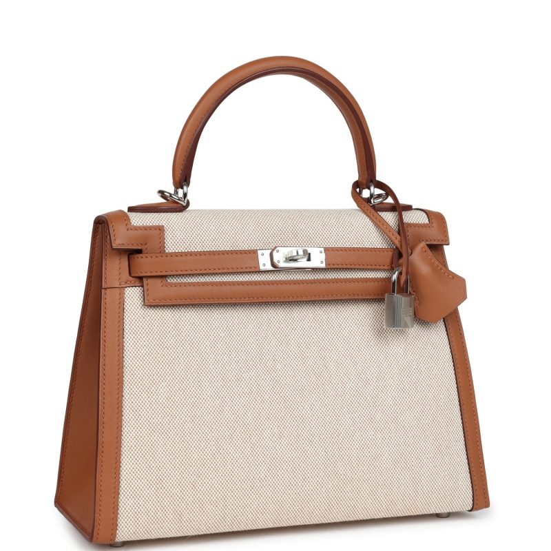 Hermes Kelly Sellier 25 Gold Swift and Ecru Toile Palladium Hardware - Image 2