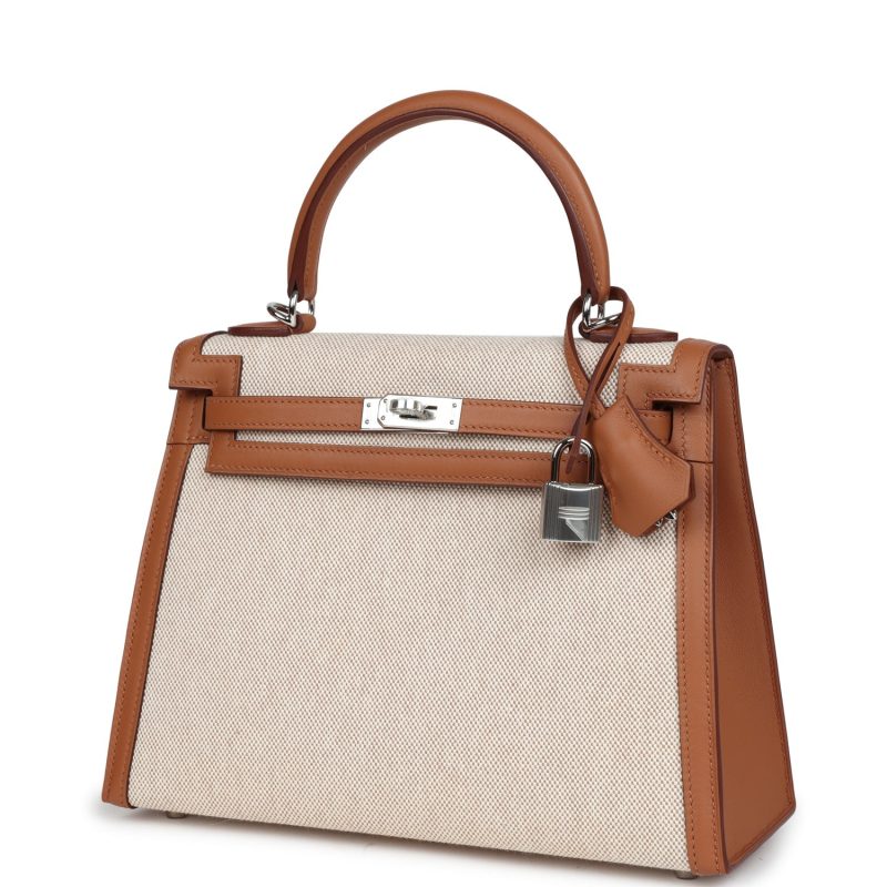 Hermes Kelly Sellier 25 Gold Swift and Ecru Toile Palladium Hardware - Image 3