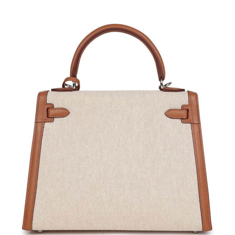 Hermes Kelly Sellier 25 Gold Swift and Ecru Toile Palladium Hardware - Image 5