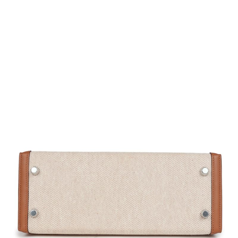 Hermes Kelly Sellier 25 Gold Swift and Ecru Toile Palladium Hardware - Image 6