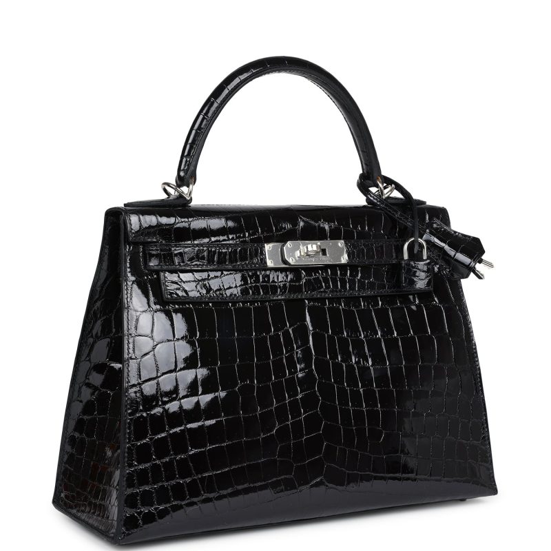 Hermes Kelly Sellier 28 Black Shiny Niloticus Crocodile Palladium Hardware - Image 2