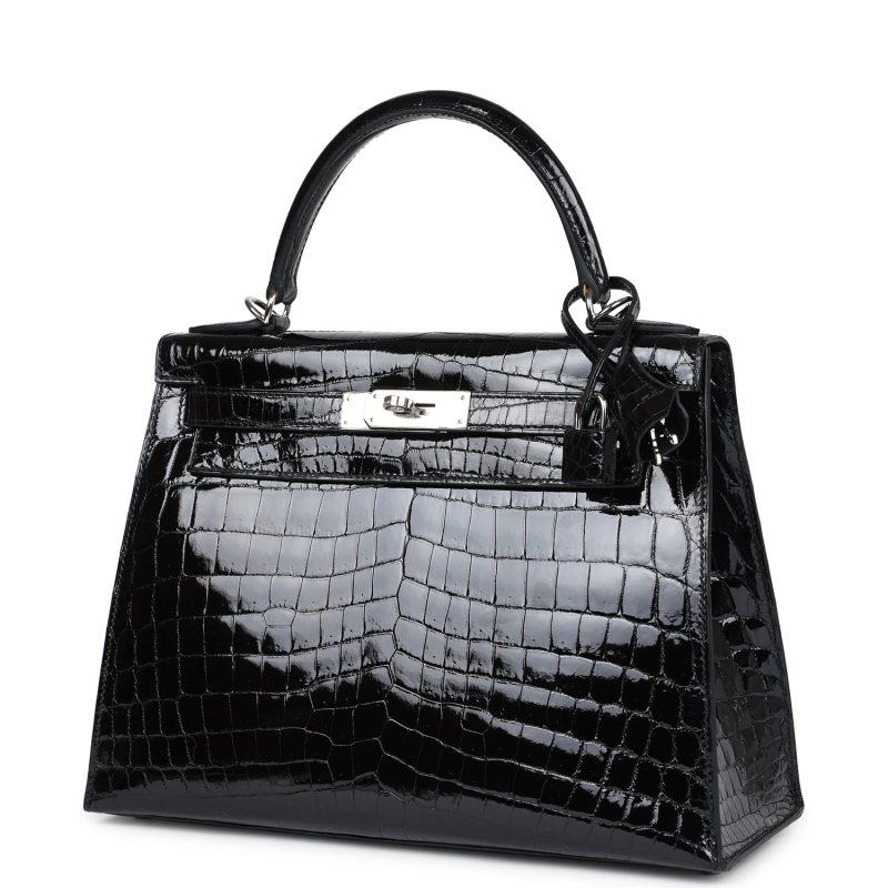 Hermes Kelly Sellier 28 Black Shiny Niloticus Crocodile Palladium Hardware - Image 3