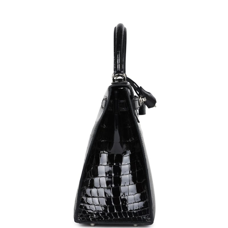 Hermes Kelly Sellier 28 Black Shiny Niloticus Crocodile Palladium Hardware - Image 4
