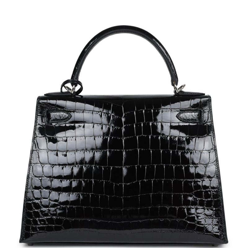 Hermes Kelly Sellier 28 Black Shiny Niloticus Crocodile Palladium Hardware - Image 5