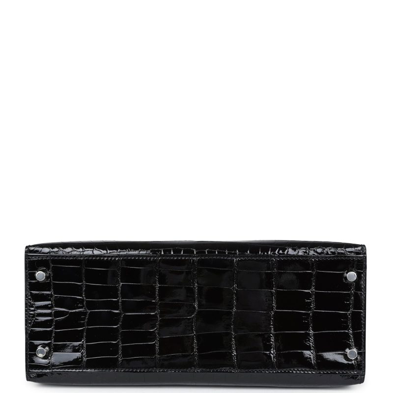 Hermes Kelly Sellier 28 Black Shiny Niloticus Crocodile Palladium Hardware - Image 6