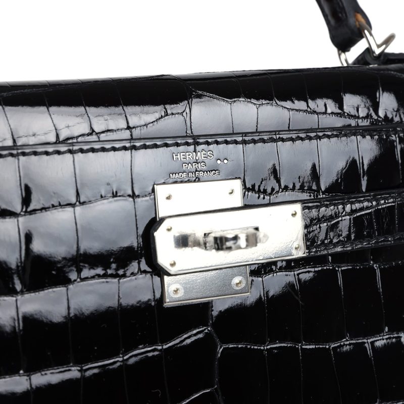 Hermes Kelly Sellier 28 Black Shiny Niloticus Crocodile Palladium Hardware - Image 7