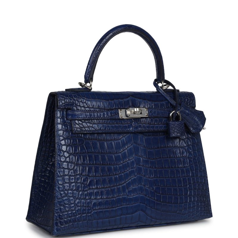Hermes Kelly Sellier 25 Bleu Indigo Aizome Matte Porosus Crocodile Palladium Hardware - Image 2
