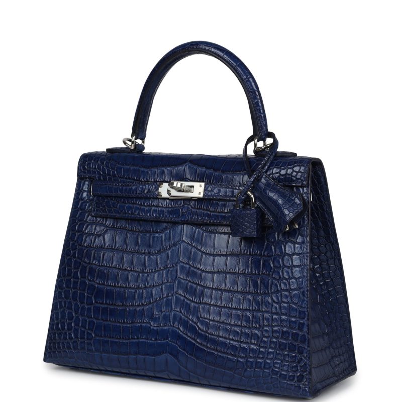 Hermes Kelly Sellier 25 Bleu Indigo Aizome Matte Porosus Crocodile Palladium Hardware - Image 3