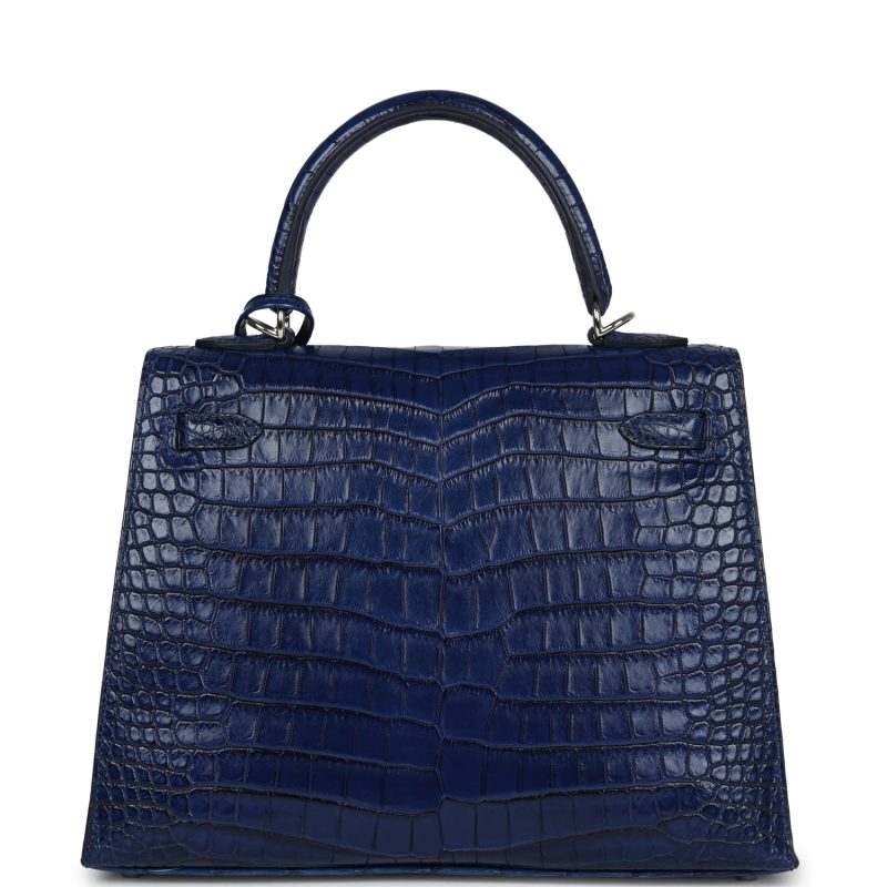 Hermes Kelly Sellier 25 Bleu Indigo Aizome Matte Porosus Crocodile Palladium Hardware - Image 5