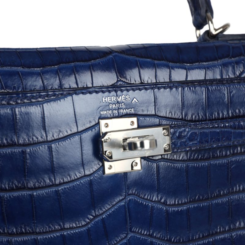 Hermes Kelly Sellier 25 Bleu Indigo Aizome Matte Porosus Crocodile Palladium Hardware - Image 7