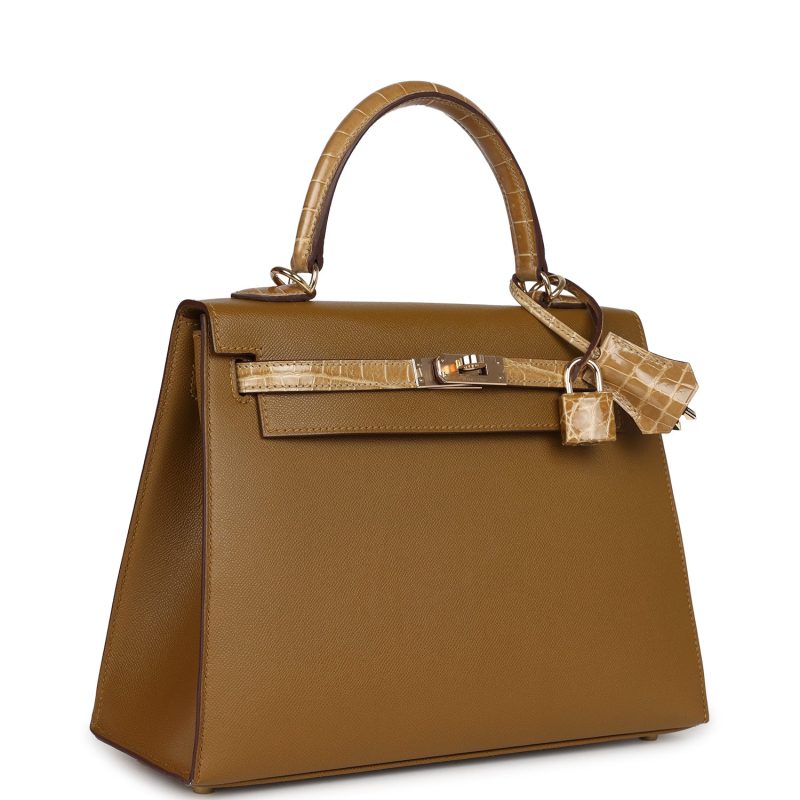 Hermes Kelly Sellier 25 Bronze Dore Madame and Sable Shiny Niloticus Crocodile Touch Permabrass Hardware - Image 2
