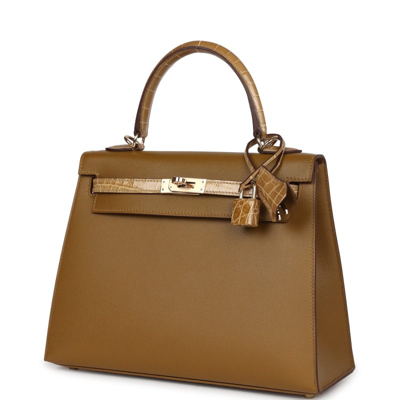 Hermes Kelly Sellier 25 Bronze Dore Madame and Sable Shiny Niloticus Crocodile Touch Permabrass Hardware - Image 3