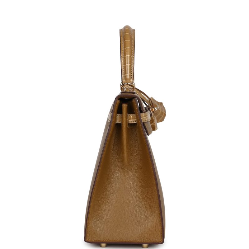 Hermes Kelly Sellier 25 Bronze Dore Madame and Sable Shiny Niloticus Crocodile Touch Permabrass Hardware - Image 4