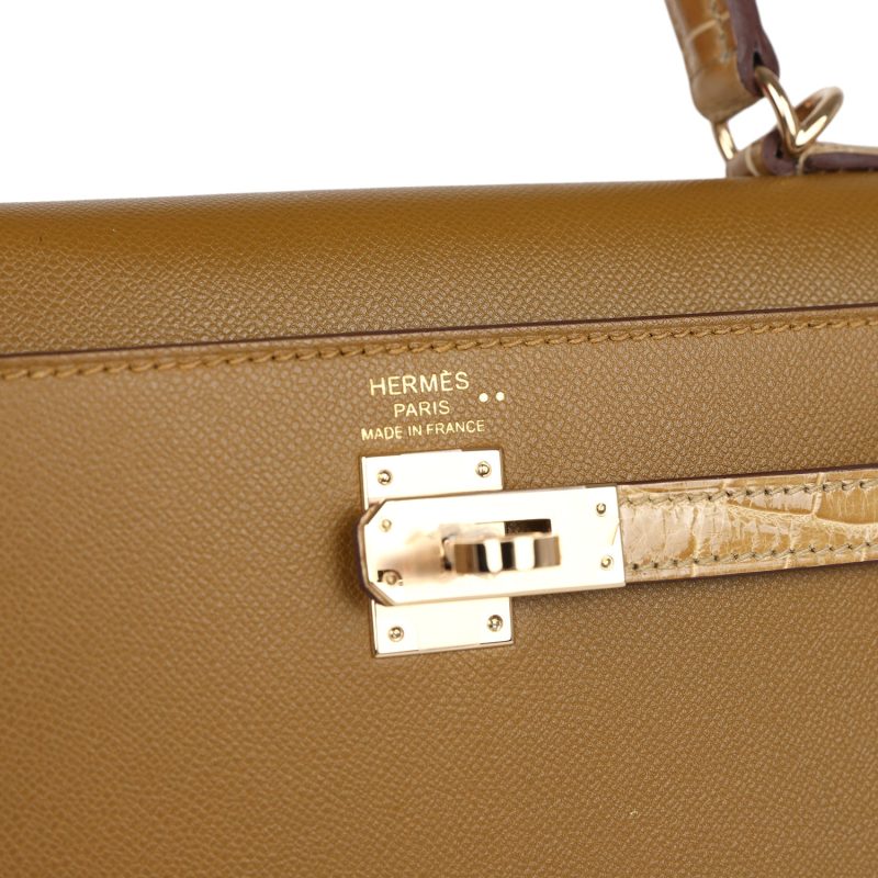 Hermes Kelly Sellier 25 Bronze Dore Madame and Sable Shiny Niloticus Crocodile Touch Permabrass Hardware - Image 7
