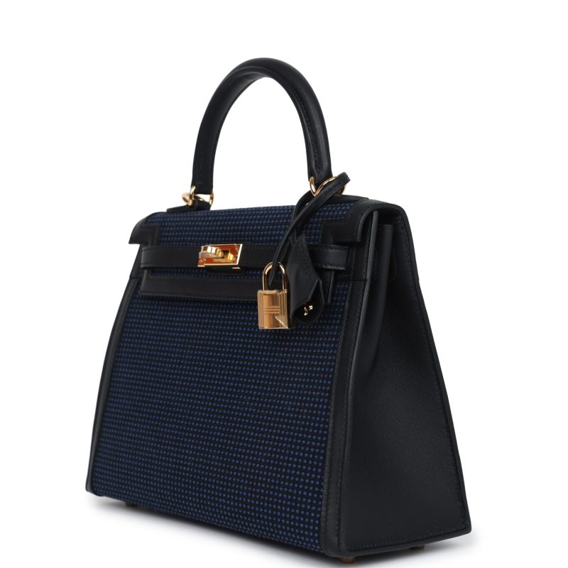 Hermes Kelly Sellier 25 Black Swift and Bleu Saphir Toile Gold Hardware - Image 2