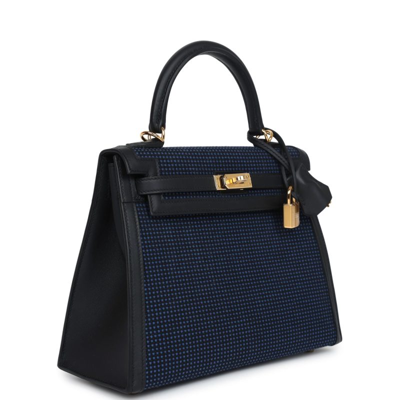 Hermes Kelly Sellier 25 Black Swift and Bleu Saphir Toile Gold Hardware - Image 3