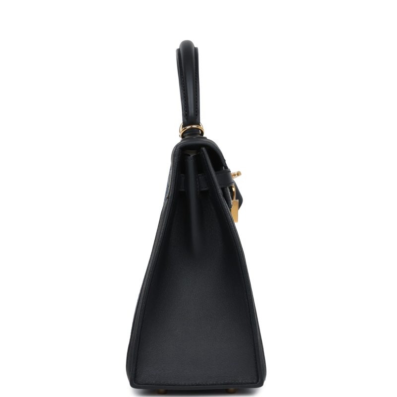 Hermes Kelly Sellier 25 Black Swift and Bleu Saphir Toile Gold Hardware - Image 4