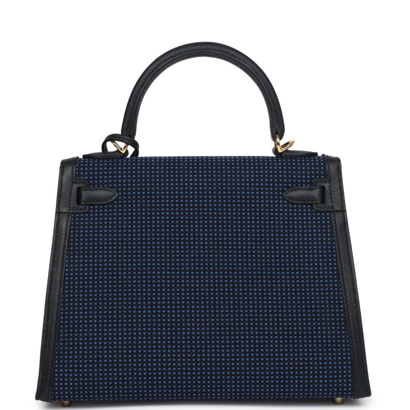 Hermes Kelly Sellier 25 Black Swift and Bleu Saphir Toile Gold Hardware - Image 5