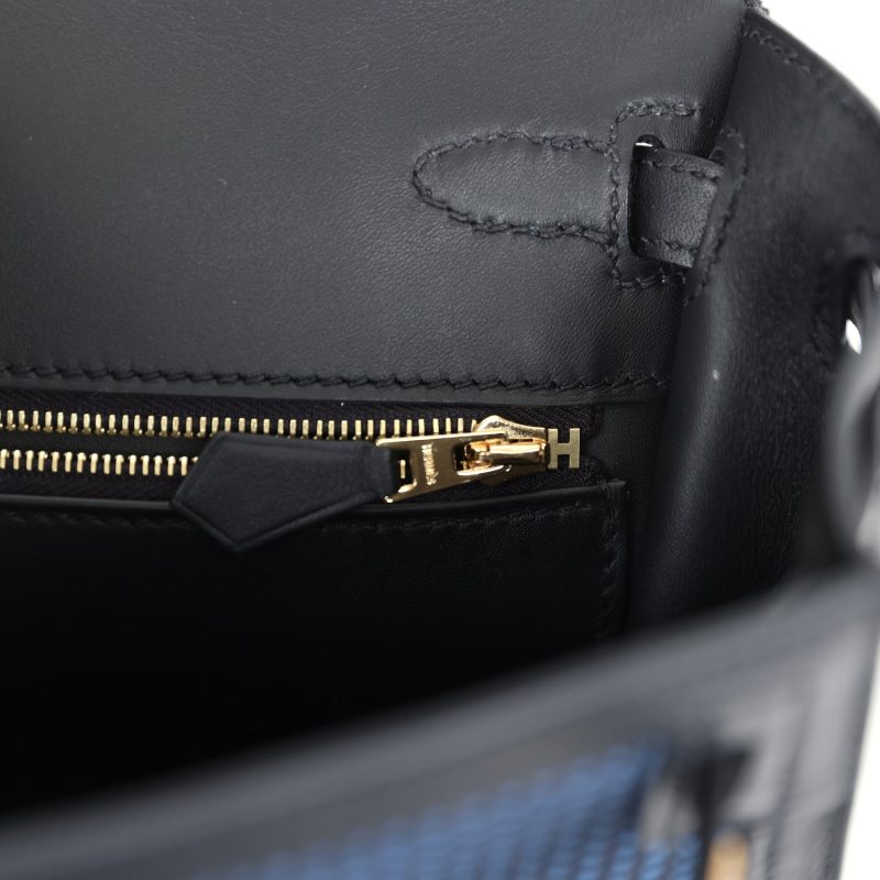 Hermes Kelly Sellier 25 Black Swift and Bleu Saphir Toile Gold Hardware - Image 7