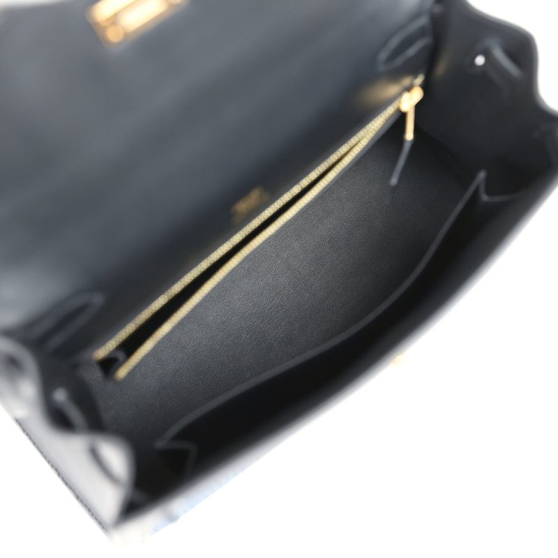 Hermes Kelly Sellier 25 Black Swift and Bleu Saphir Toile Gold Hardware - Image 8