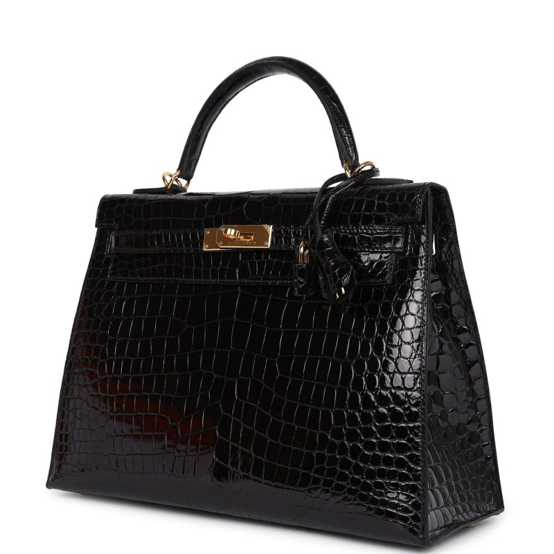 Hermes Kelly Sellier 32 Black Shiny Porosus Crocodile Gold Hardware - Image 3
