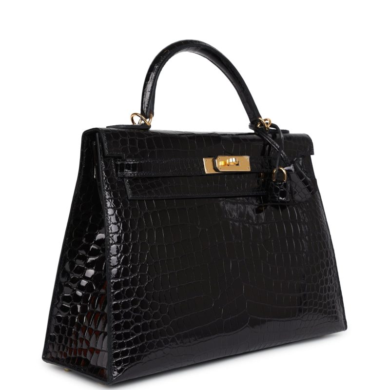 Hermes Kelly Sellier 32 Black Shiny Porosus Crocodile Gold Hardware - Image 4