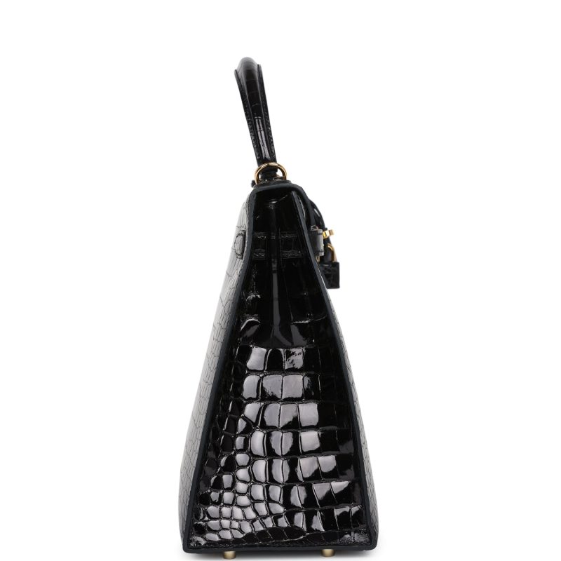 Hermes Kelly Sellier 32 Black Shiny Porosus Crocodile Gold Hardware - Image 5