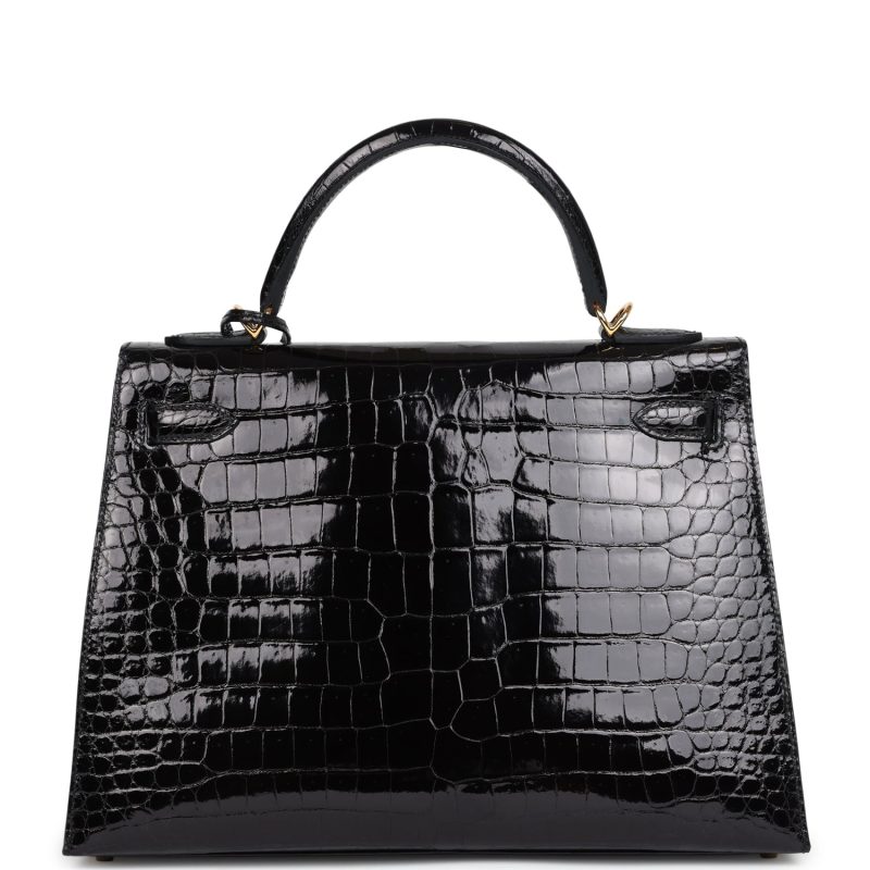 Hermes Kelly Sellier 32 Black Shiny Porosus Crocodile Gold Hardware - Image 6