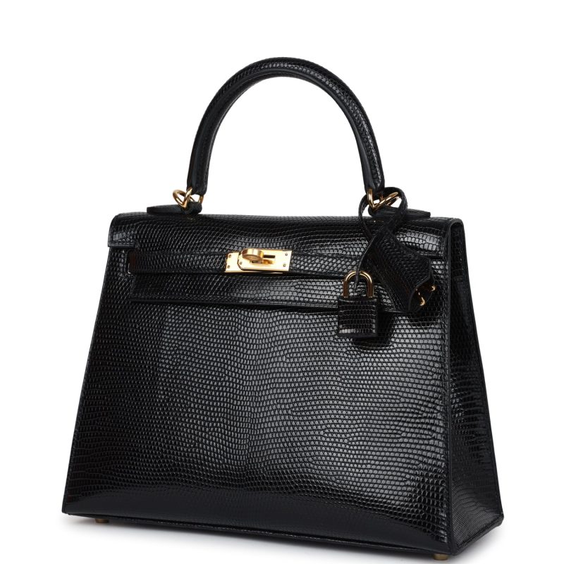 Hermes Kelly Sellier 25 Black Varanus Niloticus Lizard Gold Hardware - Image 2
