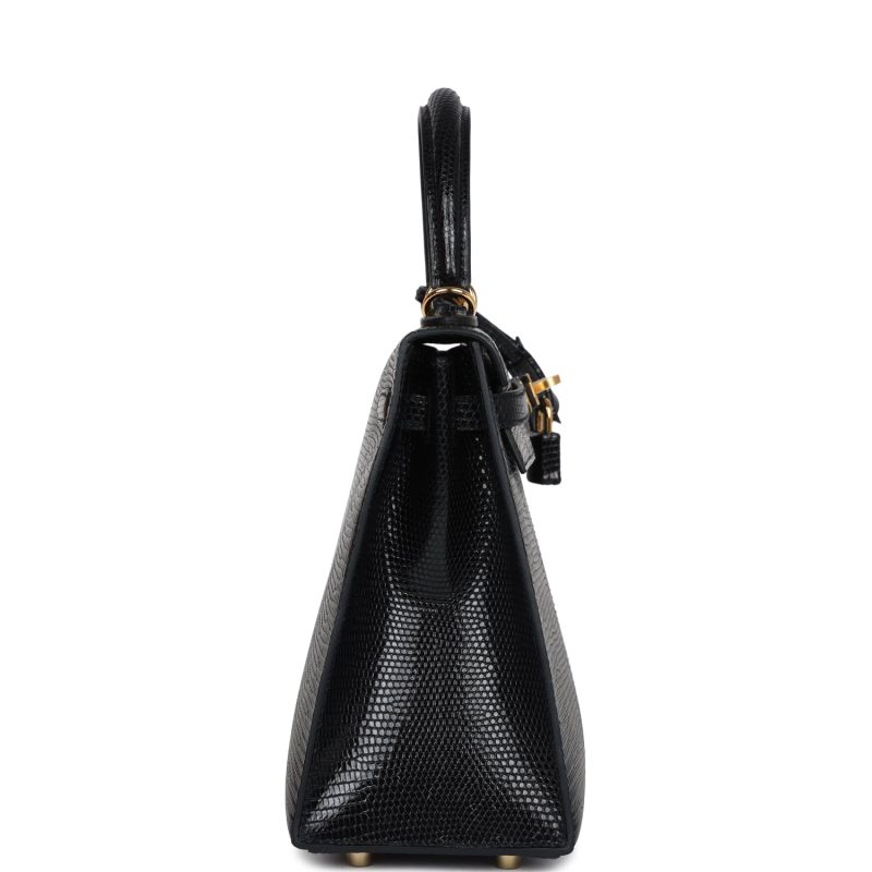 Hermes Kelly Sellier 25 Black Varanus Niloticus Lizard Gold Hardware - Image 3