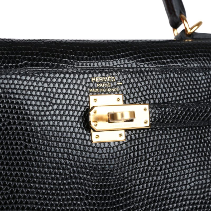 Hermes Kelly Sellier 25 Black Varanus Niloticus Lizard Gold Hardware - Image 6