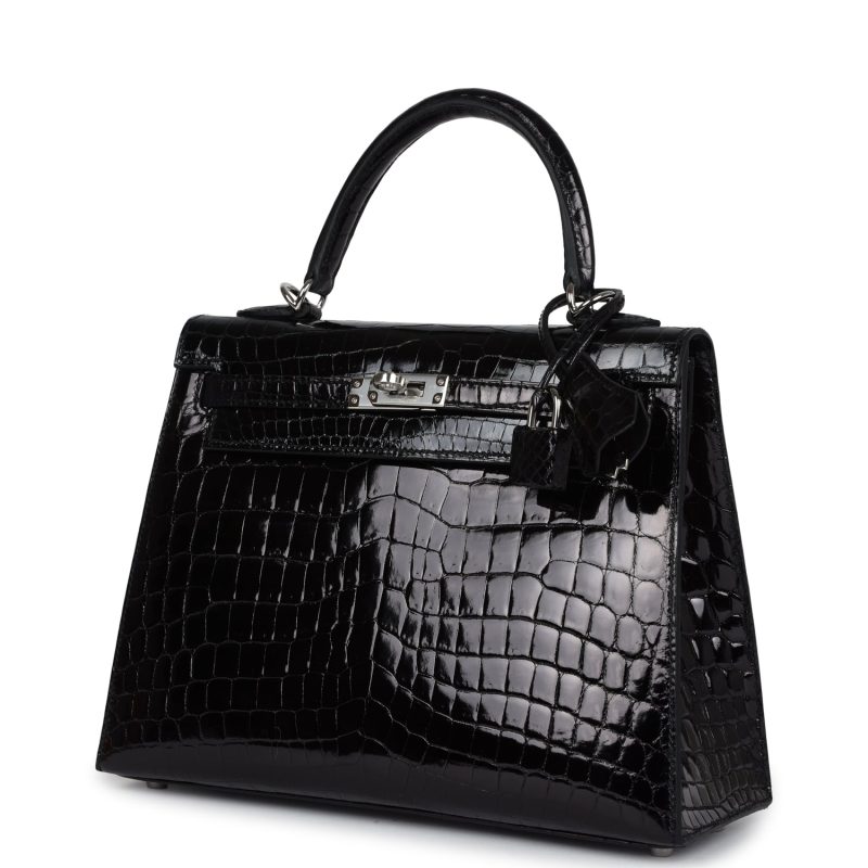 Hermes Kelly Sellier 25 Black Shiny Niloticus Crocodile Palladium Hardware - Image 3