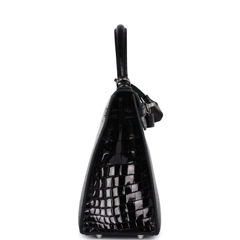 Hermes Kelly Sellier 25 Black Shiny Niloticus Crocodile Palladium Hardware - Image 4