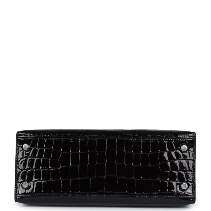 Hermes Kelly Sellier 25 Black Shiny Niloticus Crocodile Palladium Hardware - Image 5