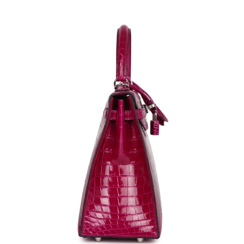 Hermes Kelly Sellier 25 Rose Pourpre Shiny Niloticus Crocodile Palladium Hardware - Image 3