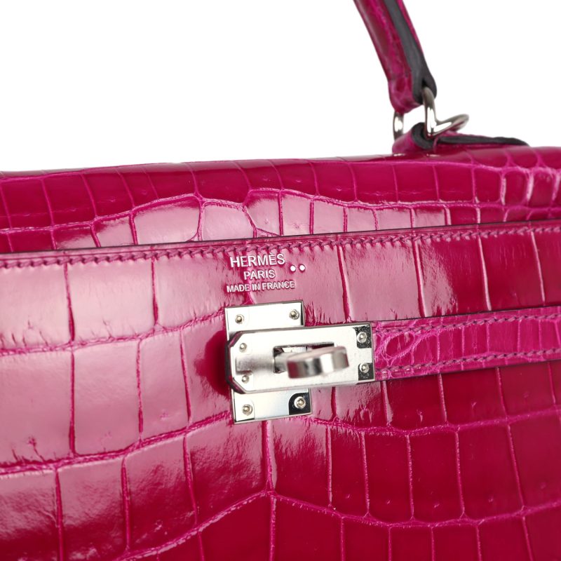 Hermes Kelly Sellier 25 Rose Pourpre Shiny Niloticus Crocodile Palladium Hardware - Image 6