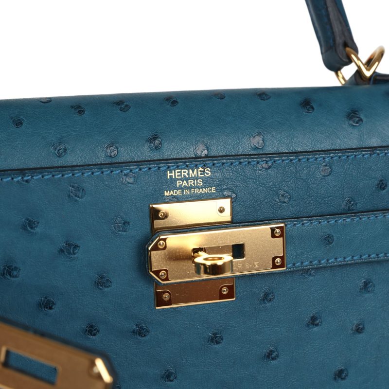 Hermes Kelly Sellier 28 Cobalt Ostrich Gold Hardware - Image 6